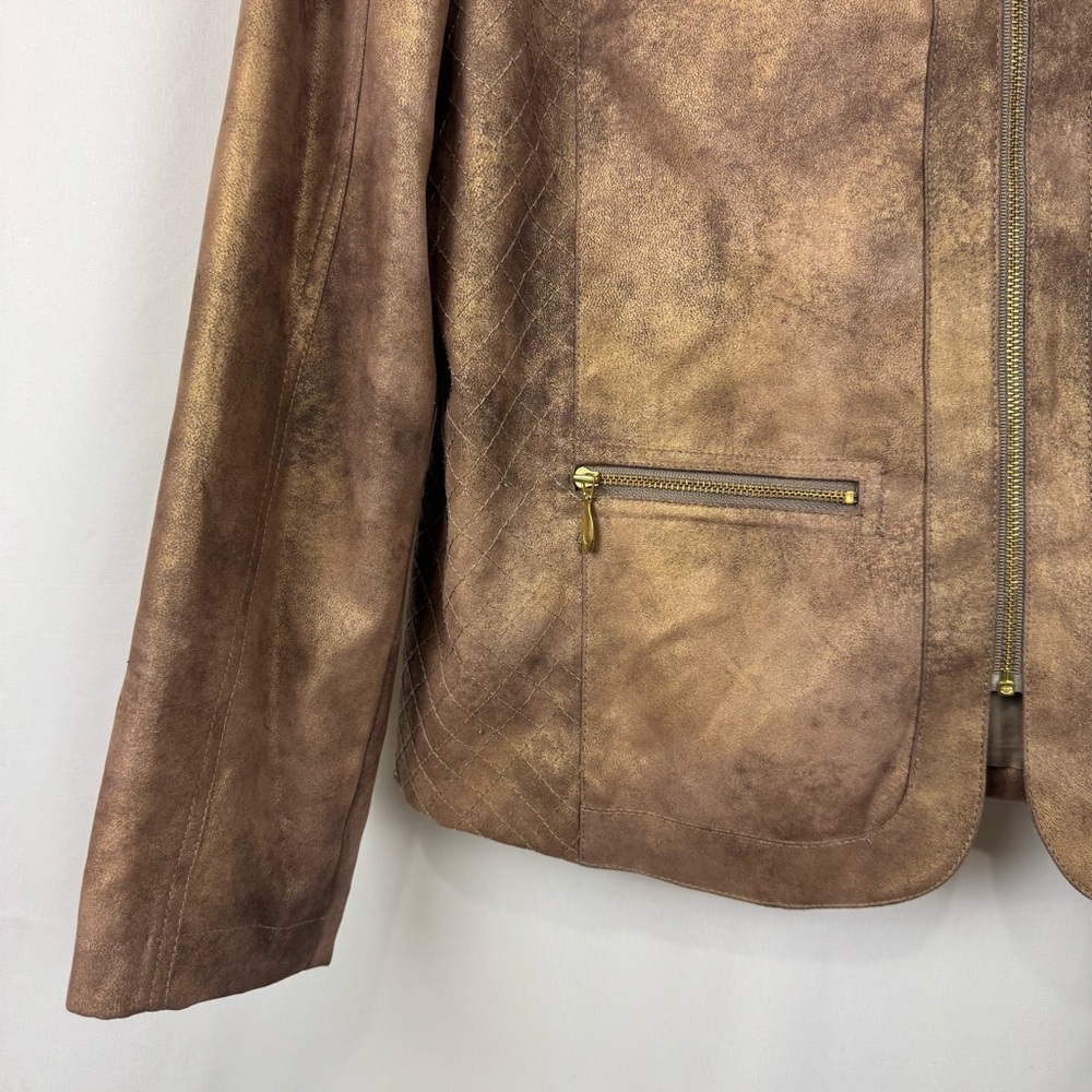 Chico's Full-Zip Moto Jacket Lined Brown Faux Leather Sz 1 US Sz M Mock Neck NEW - Picture 3 of 10
